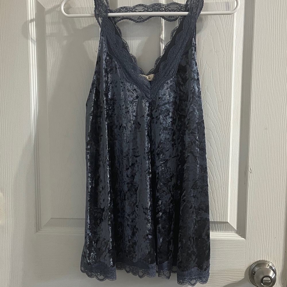 POL Navy Velvet Lace Trim Tank Top